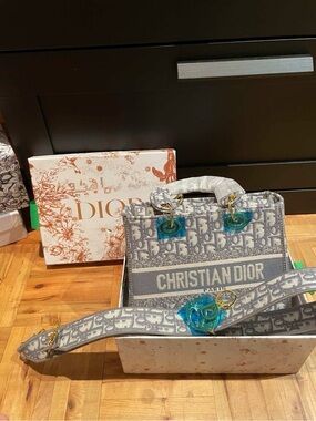 Dior Gray Christian Dior Embroidered Card & Key Holder